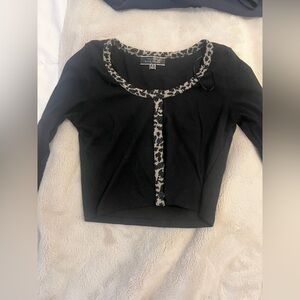 Blue Sky Black Top with Leopard Print Accent